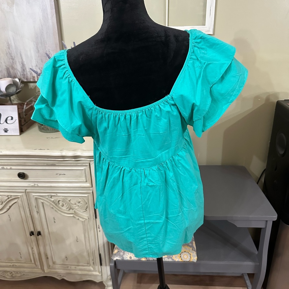 Umgee Turquoise Smocked Blouse with Ruffled Sleeves - Picture 2 of 2